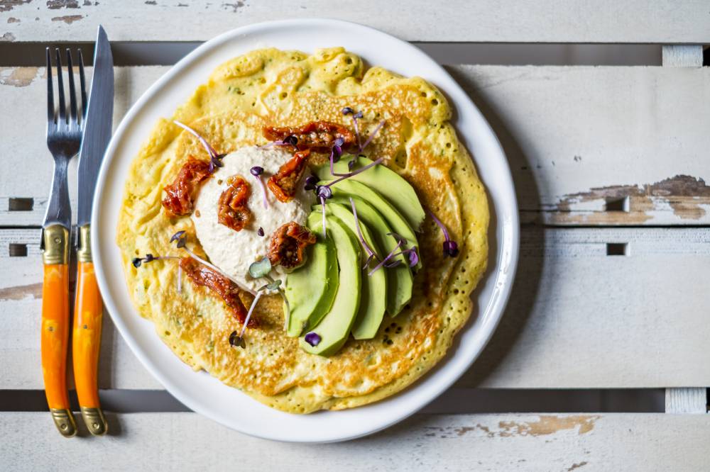 Chickpea Pancake With Avocado And Sundried Tomatoes