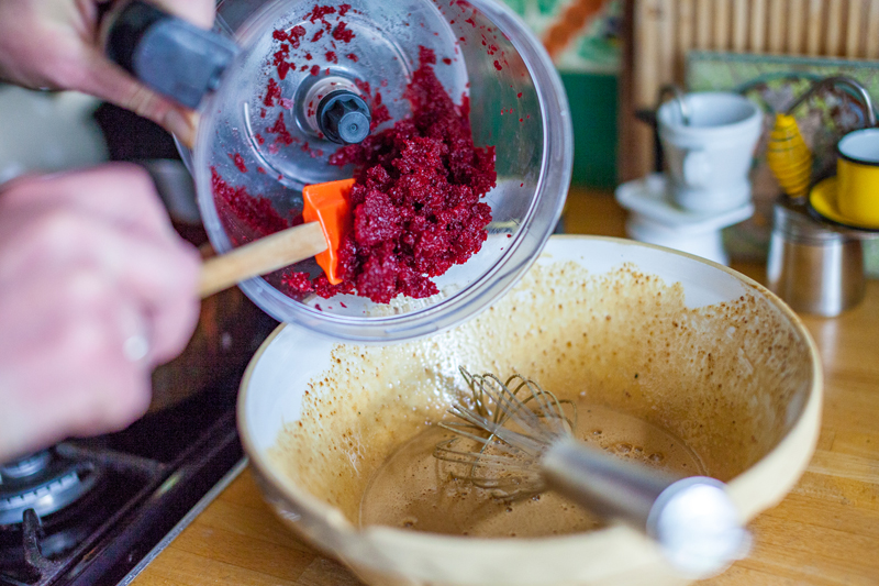 Whisk the egg and add the beetroot